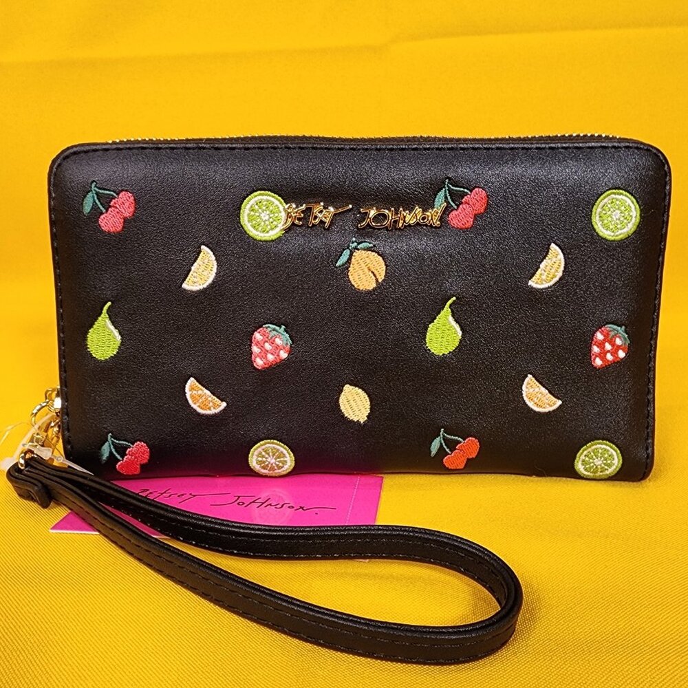 Betsey Johnson Black Fruit AOP Cherry Embroidered Wallet Wristlet Zip Around NEW